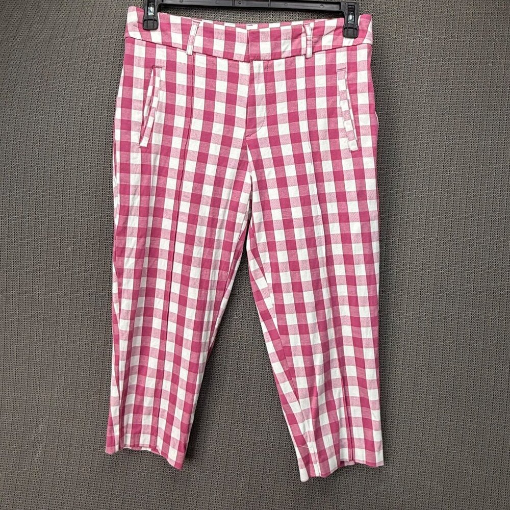 Time And Tru Womens Size 8 Pink & White Gingham Capri Pants Cotton Blend Stretch